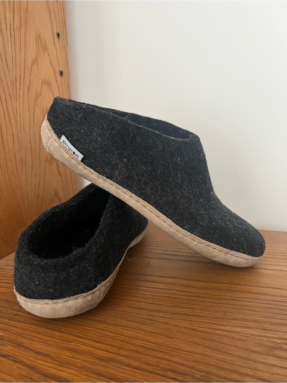 Black Wool-Blend Slip-On Mules with Tan Sole